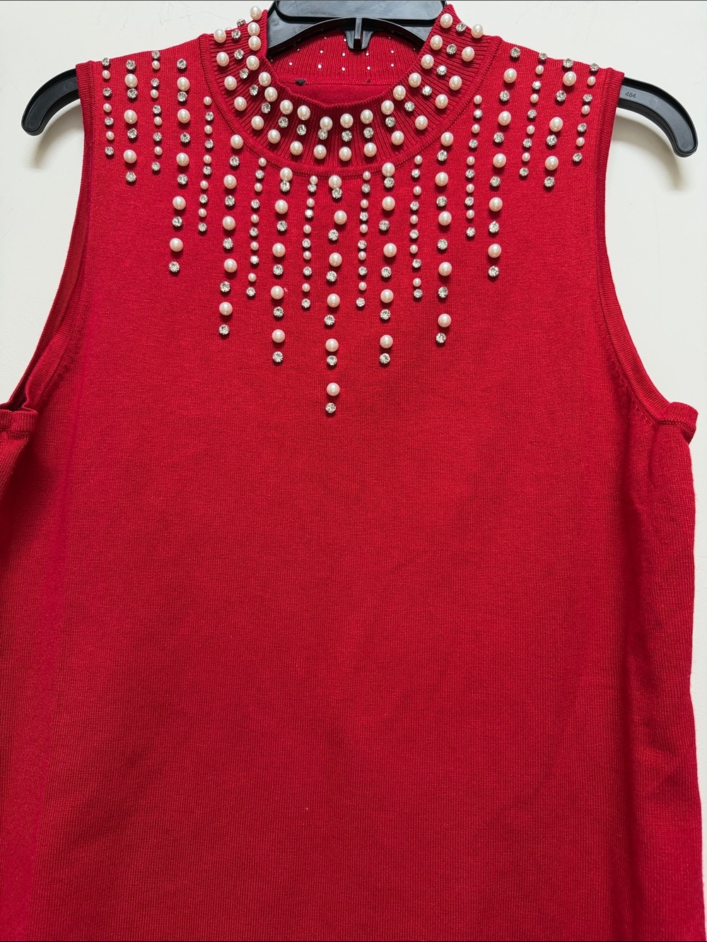 Red Sleeveless Pearl and Rhinestones Blouse